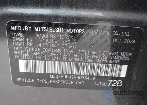 2024 Mitsubishi Mirage Es/Le from USA, damaged, VIN ML32AUHJ7RH035419